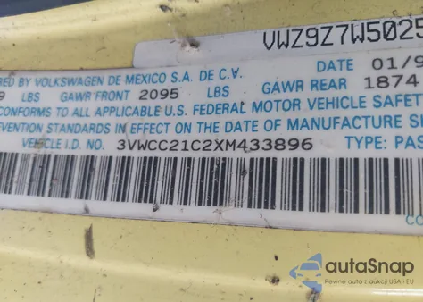 1999 Volkswagen New Beetle Gls from USA, damaged, VIN 3VWCC21C2XM433896